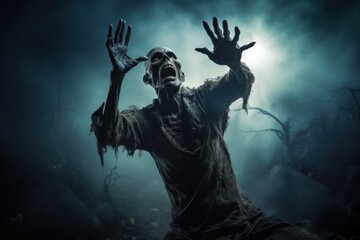 Fototapeta premium A terrifying undead zombie reaches out in an abandoned graveyard under the moonlight. Blue
