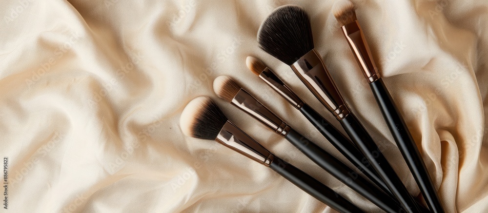 Poster Makeup brushes displayed on a beige fabric background with copy space image for custom designs, websites, and advertisements.