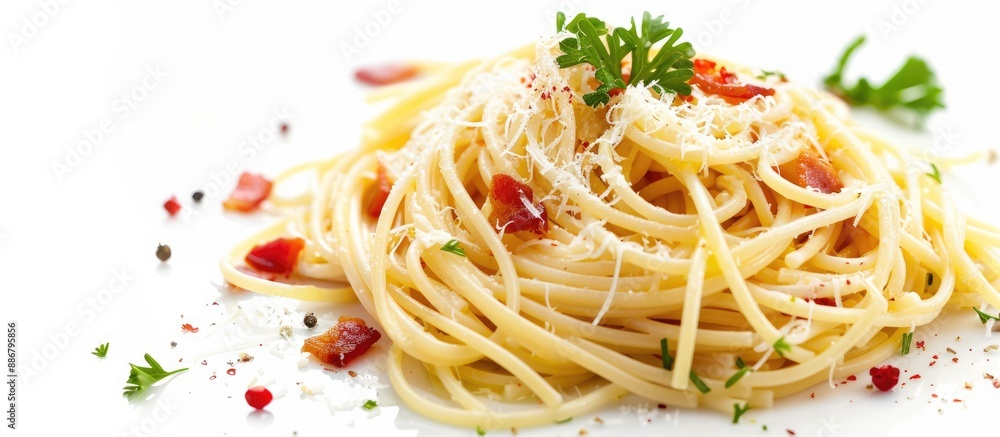 Poster italian spaghetti with creamy white cheese sauce and crispy bacon, shown in a copy space image on a 