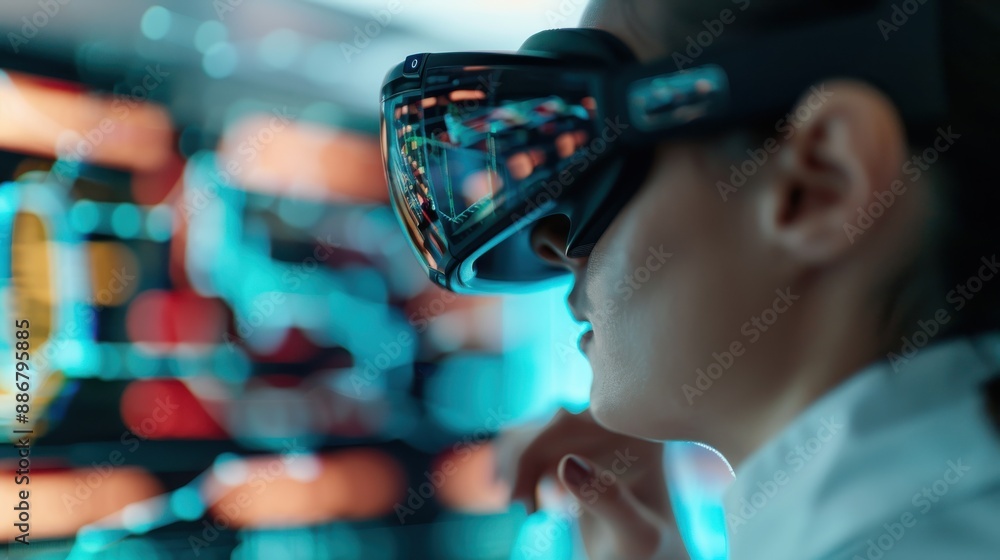Poster a close-up shot of a person immersed in using augmented reality glasses in a high-tech setting, with