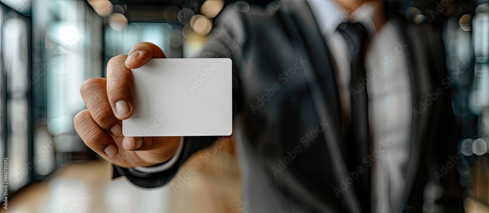 Poster businessman's hand displaying a business card with office background and copy space image.