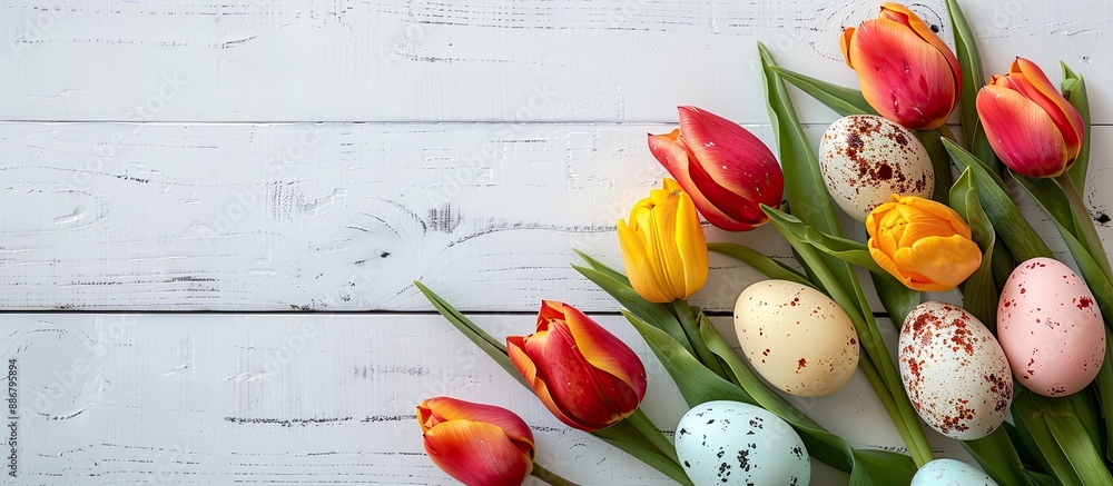 Poster easter eggs nestled alongside tulips on white wood. top-down view for an easter card with copy space