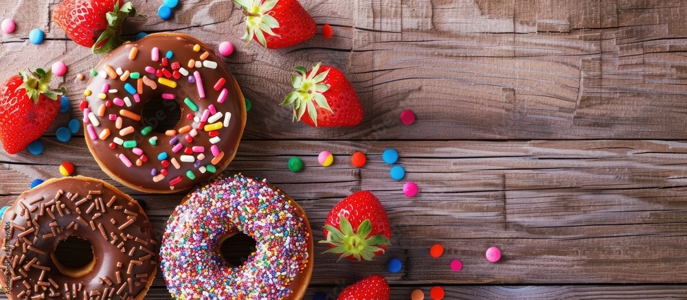 Aufkleber strawberry and chocolate coated homemade doughnuts with rainbow sugar toppings displayed on a wooden
