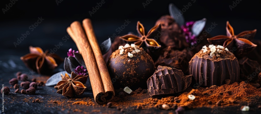 Poster chocolate truffles mingled with chocolate shards and spices, accompanied by chocolate, cinnamon stic