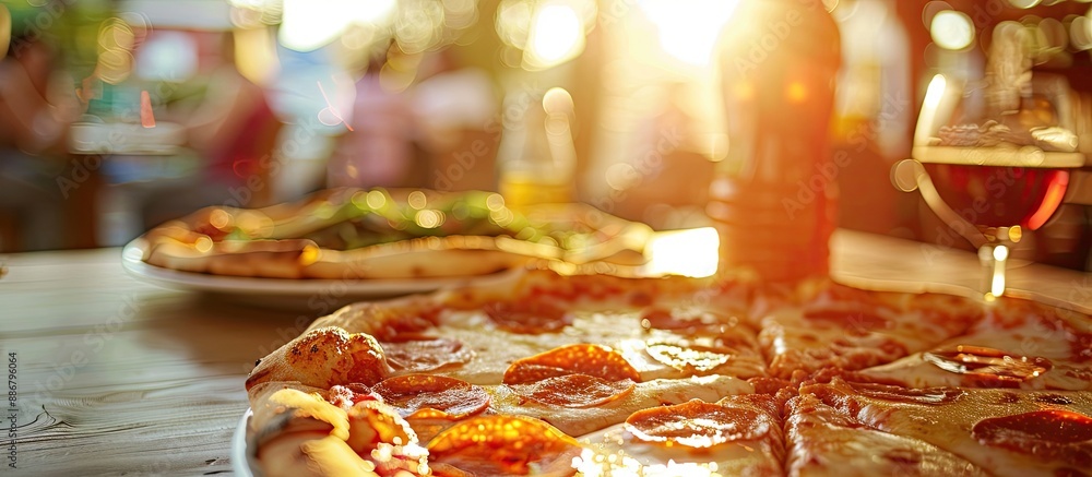 Poster restaurant table with pizza slices, giving the image an attractive copy space image.