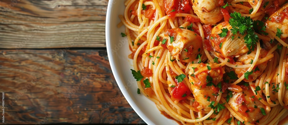 Poster chicken and pasta in a savory tomato sauce as a dish with a blank space for an image.