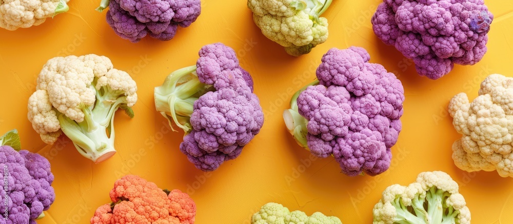 Leinwandbilder Top view of colorful cauliflower in macro texture against a yellow background for an agricultural harvest theme with simulation for use as a copy space image.