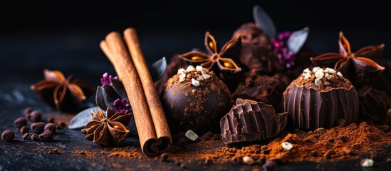 Chocolate truffles mingled with chocolate shards and spices, accompanied by chocolate, cinnamon sticks, and anise on a dark backdrop with copy space image.