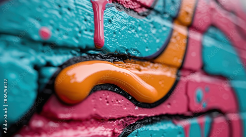 Aufkleber close-up of a wall with vibrant paint drips creating colorful, abstract shapes, highlighting the int