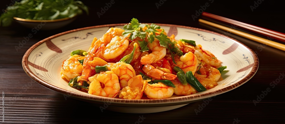 Poster egg stir-fried with shrimp and bitter melon in chinese cuisine, shown in a photo with available spac