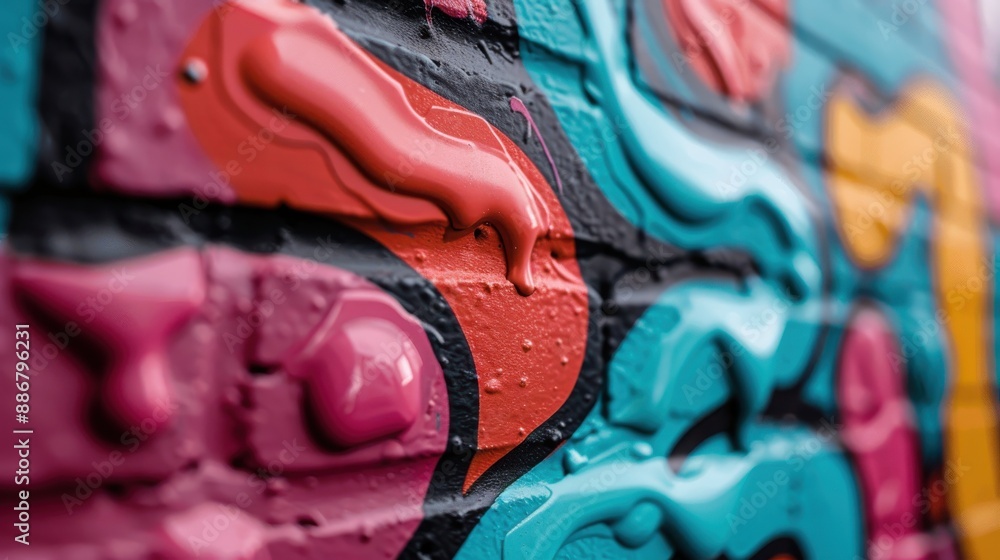 Aufkleber close-up of a wall featuring 3d paint strokes that add depth to colorful graffiti art, emphasizing t