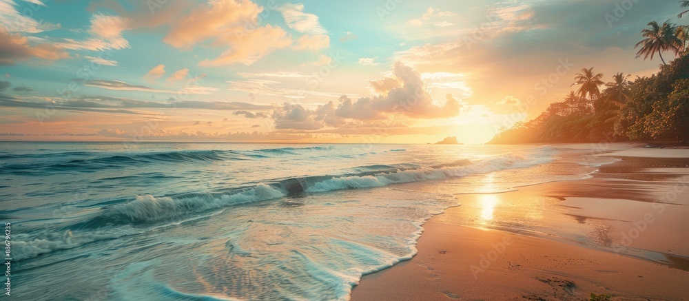 Poster Serene sunset beach view with open space for text placement, showcasing tranquil nature scenery for relaxation.