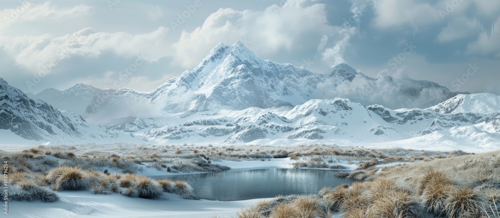 Poster panoramic snowy mountain landscape with grass and ample copy space image on a chilly winter day.