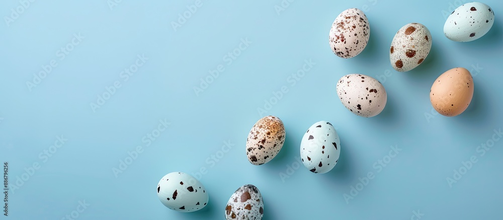 Aufkleber Quail and white chicken eggs placed on a blue background, perfect for an Easter card with a flat lay presentation and ample copy space image.