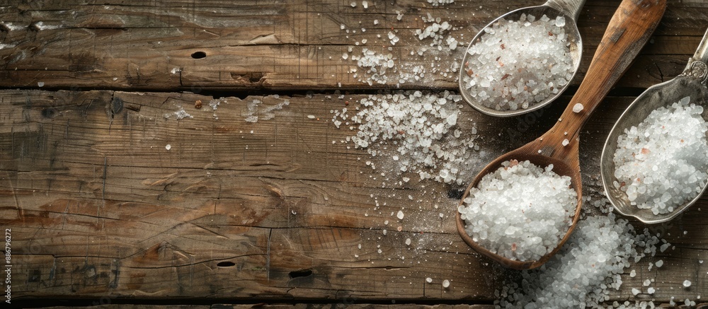 Aufkleber sea salt spoons on a rustic wooden table with ample copy space image.