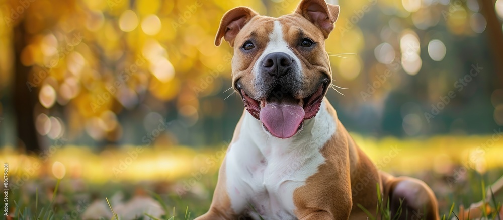 Poster american bully dog sitting in a park with its tongue out in a portrait with copy space image.