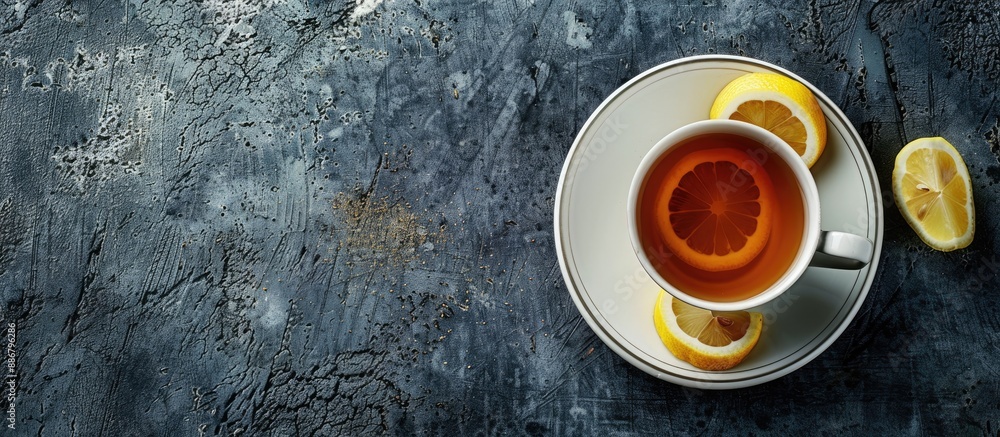Poster tea time concept with a cup of tea and lemon on a dark concrete background, ideal for a copy space i