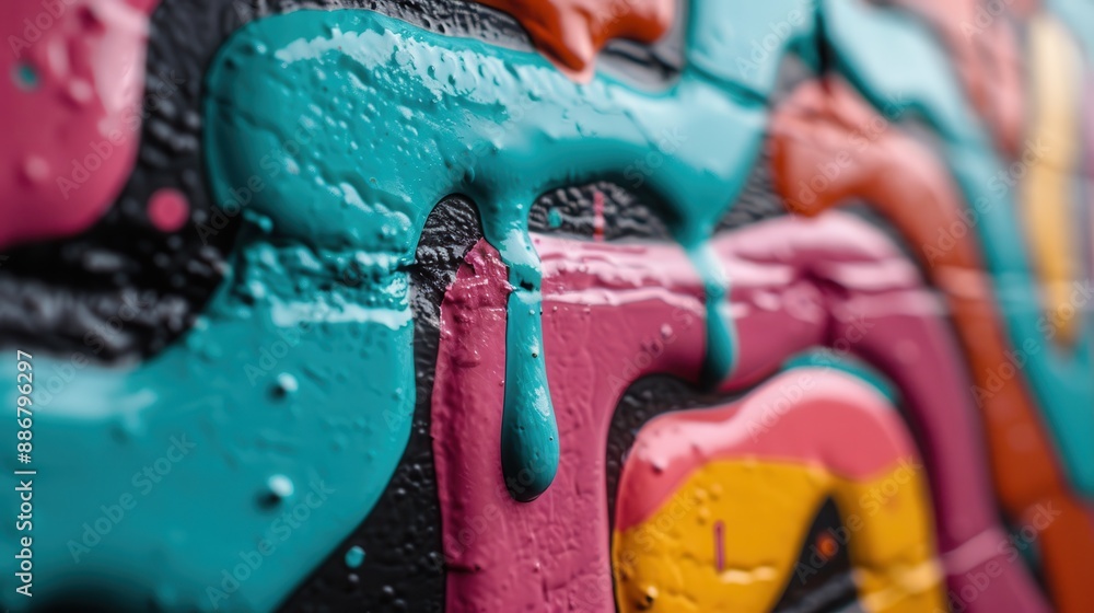 Aufkleber detailed view of dripping paint streams on a textured brick wall, creating a visually dynamic and co