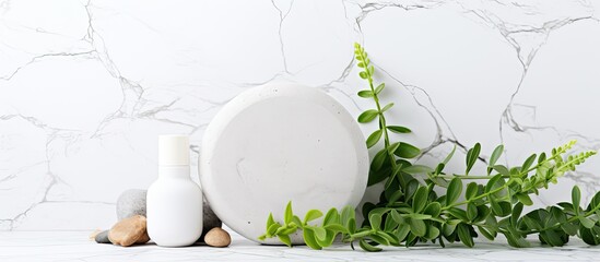 Bio skincare products and foliage on a white stone backdrop, with copy space image. Depicting a concept of organic skincare, biological studies, and a healthy way of living.