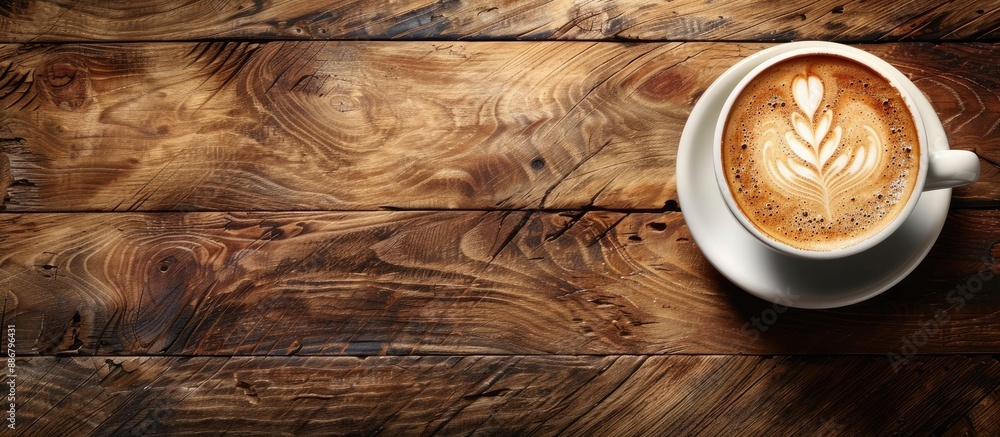 Poster enjoy a freshly brewed coffee with lovely latte art on a wooden table in a cafe setting, perfect for