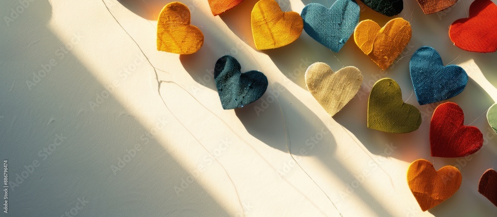Poster colorful heart shapes crafted from textured velvet paper against a white backdrop with alternating p