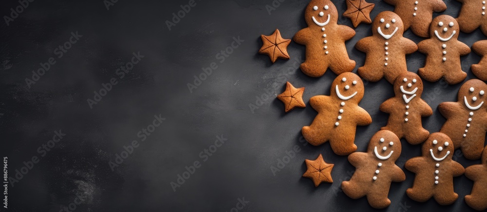 Poster gingerbread cookies shaped as pumpkins and vampire gingerbread men for halloween on a dark concrete 