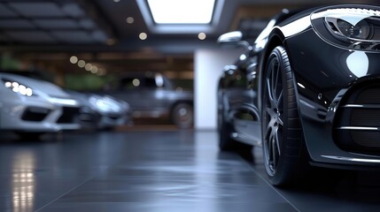Closeup of a black luxury car in a dealership showroom.