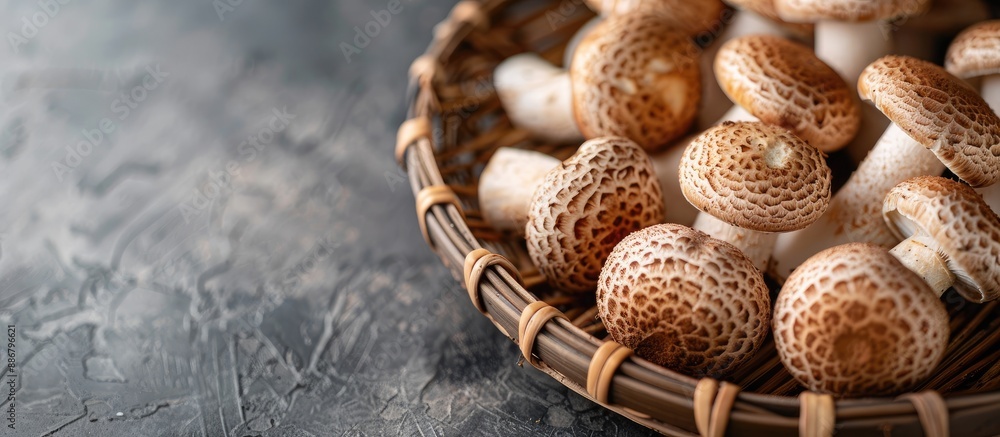 Aufkleber nameko mushrooms placed on a bamboo basket with a surrounding copy space image.