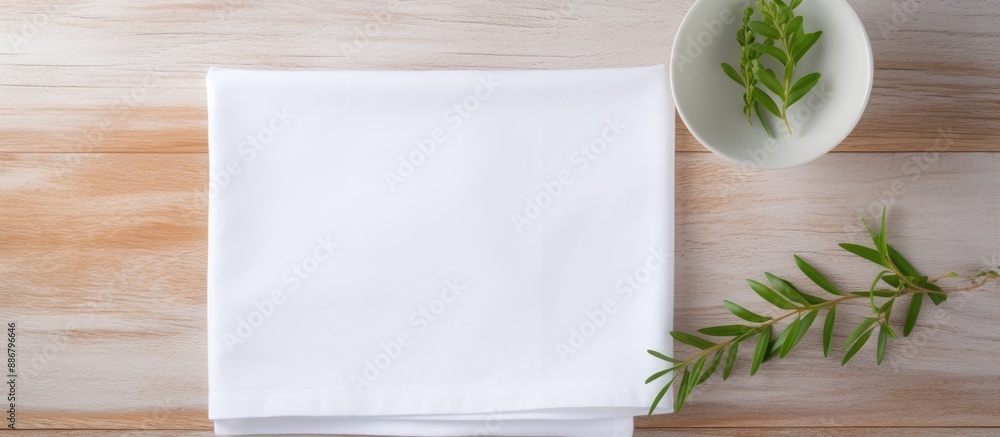 Poster flat lay with folded white kitchen napkin on a table, isolated background for mockups featuring copy
