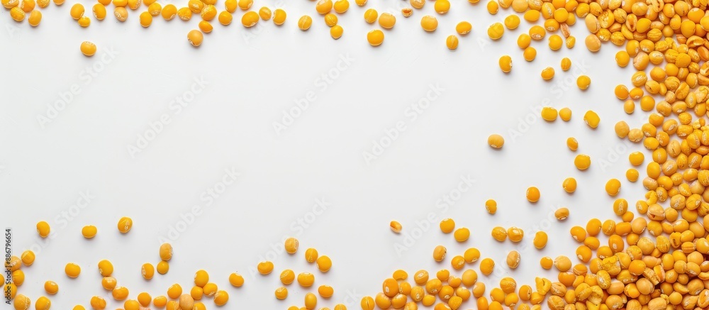 Poster top view of uncooked yellow peas arranged along a border on a white background, providing ample copy