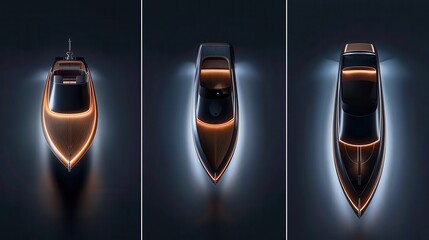 Luxury yacht with orange lights on dark background. Top view