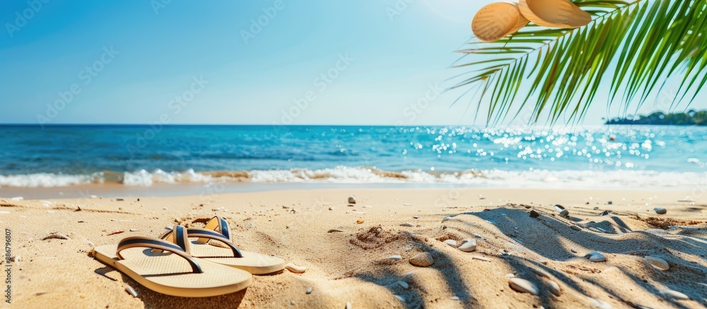 Poster Sandy beach and flip flops create a summer-themed setting with ample copy space image potential.