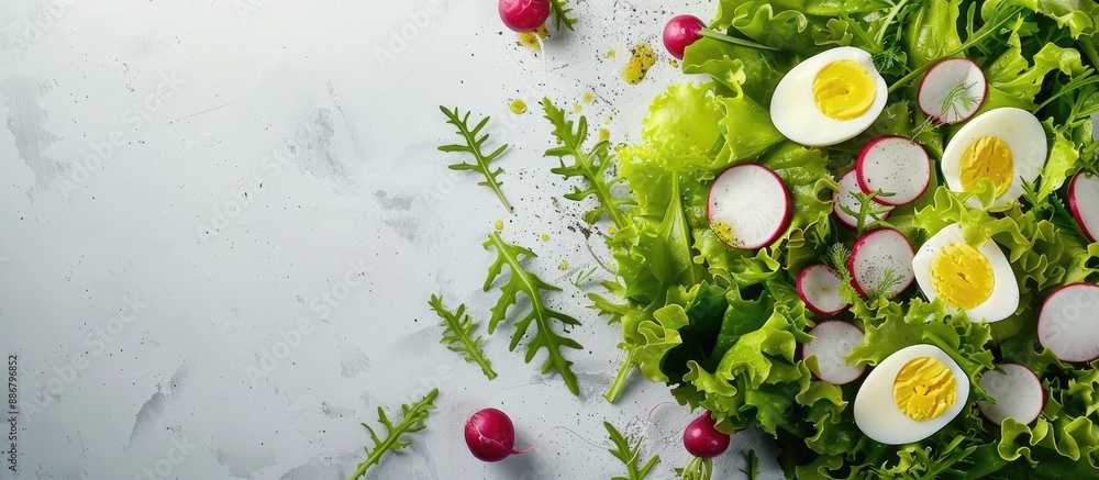 Poster top view of a salad featuring radishes, boiled egg, and mixed lettuce leaves as an appetizing snack 