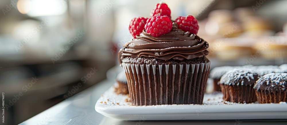 Poster A delectable cupcake with chocolate frosting and raspberry topping displayed on a tray in a bakery, with a blank space for adding images.