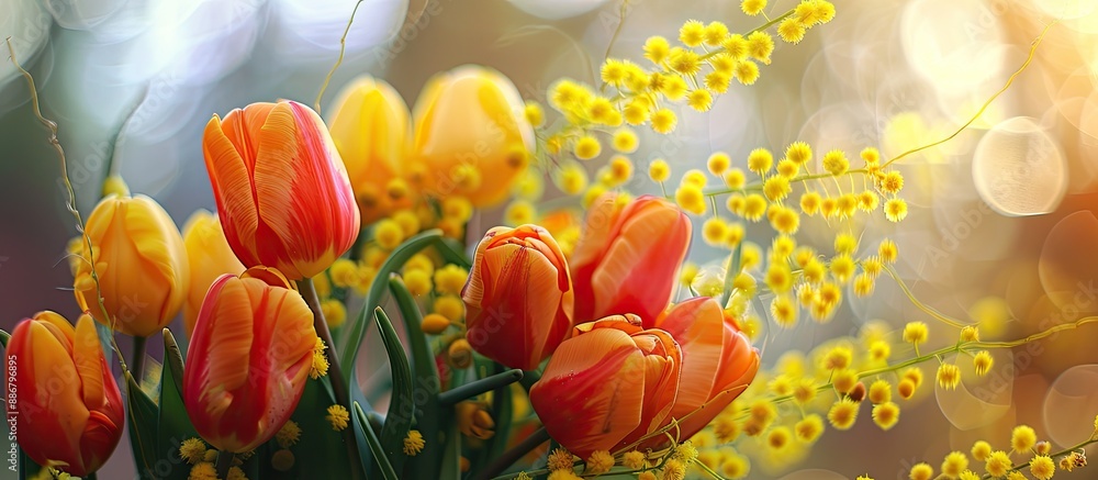 Aufkleber yellow mimosa flowers complement the vibrant tulips in an easter-themed nature setting with a lovely