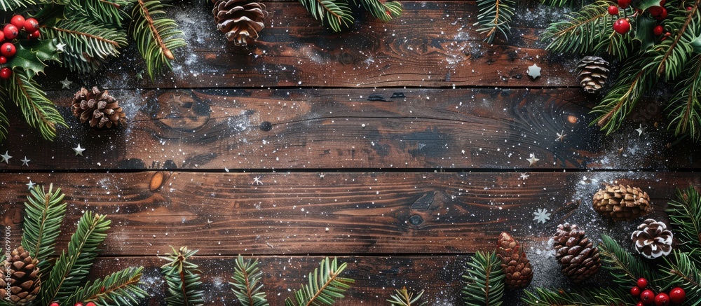 Poster Background with Christmas theme featuring a rustic wooden texture, ideal for displaying text or images; perfect to add a festive touch to your designs - copy space image.