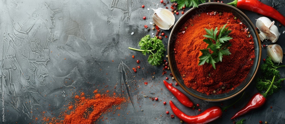 Poster on a grey table, a dish of paprika surrounded by ingredients, with copy space for adding text to the