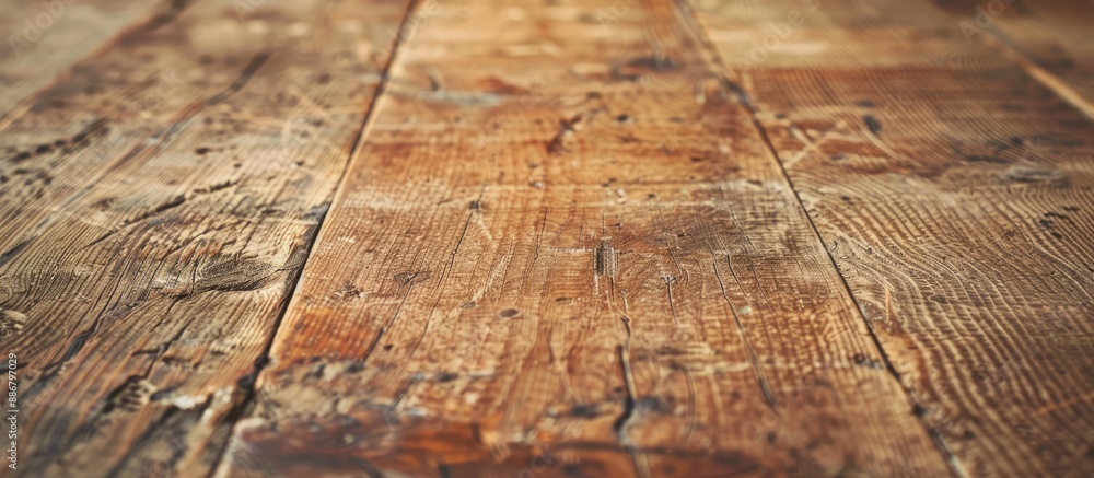 Poster Vintage-style close-up shot of a rustic wooden table with visible grain texture and empty surface for customizable abstract background or design, copy space image.