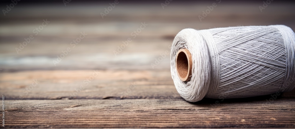 Aufkleber selective focus on a wooden background with gray cotton thread, creating a peaceful copy space image