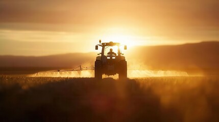 Fototapeta premium Silhouette of a tractor driving through a field at sunset.