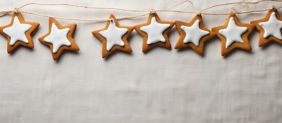 Star-shaped gingerbread cookies with royal icing decoration on a linen backdrop, ideal for the holiday season with a suitable copy space image.