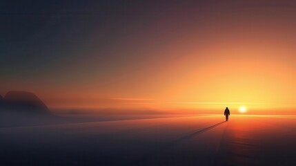 Fototapeta premium Silhouette of a person walking towards the sunrise in a snowy field.