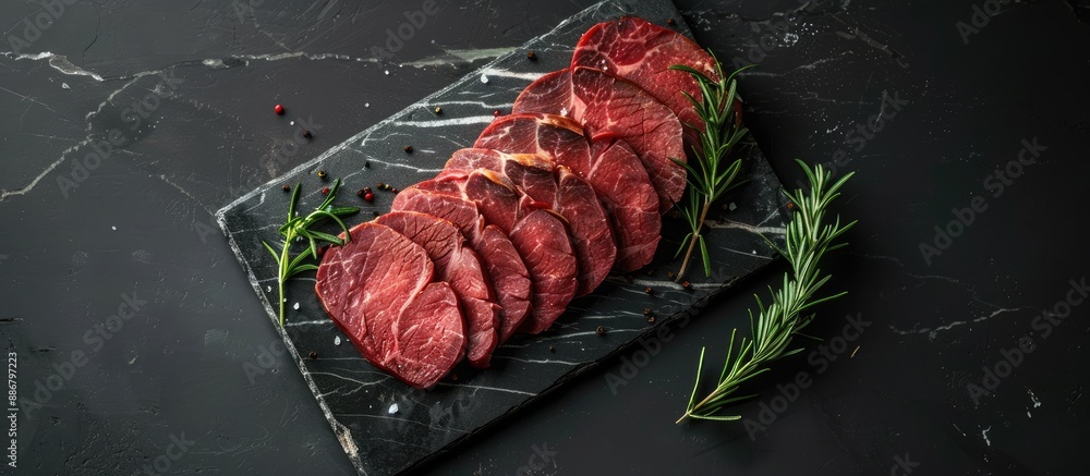 Aufkleber A top view of a raw round roast beef sliced on a marble board with a black background, creating a dramatic copy space image.
