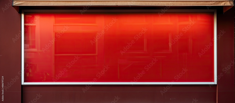 Poster a red sign with empty space hanging on a storefront window, ideal for adding text in the copy space 