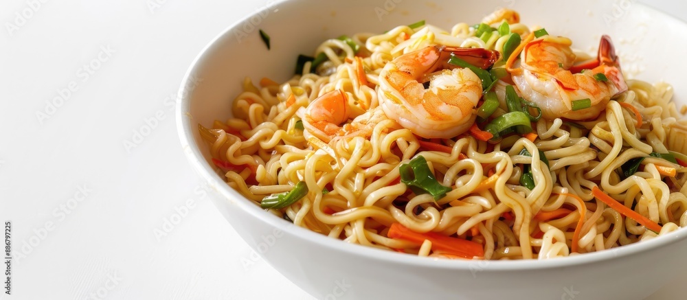 Poster A bowl containing stir-fried noodles, veggies, and shrimp, set against a simple background ideal for adding text or other elements - a copy space image.