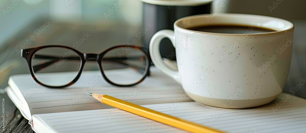 Aufkleber an open notebook with a pencil, glasses, and a cup of black coffee on a table, with space for text o