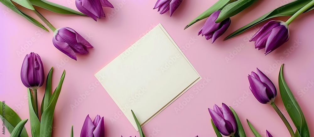 Poster top view of a mock-up scene with a blank greeting card surrounded by purple tulips on a pink backgro