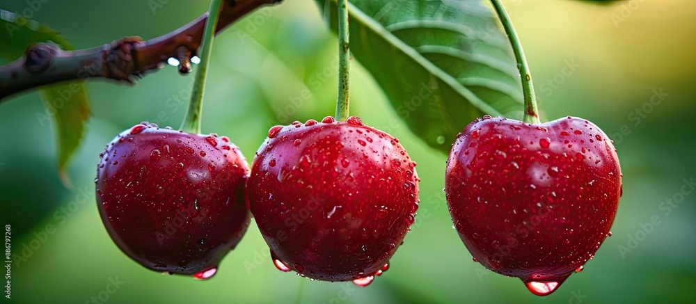Poster a close-up outdoor shot featuring three ripe cherries on a branch, with ample copy space image avail