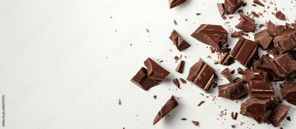 Poster chocolate pieces shattered on a white backdrop with available copy space image.