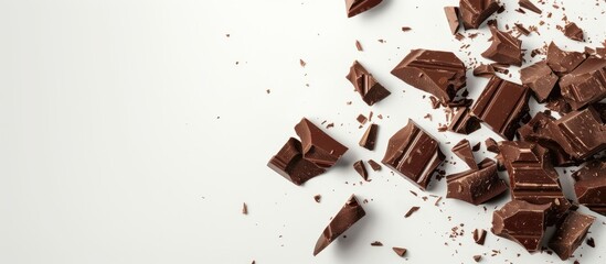 Chocolate pieces shattered on a white backdrop with available copy space image.